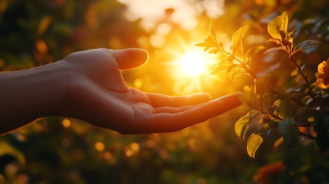 An open hand reaching toward sunlight through leaves